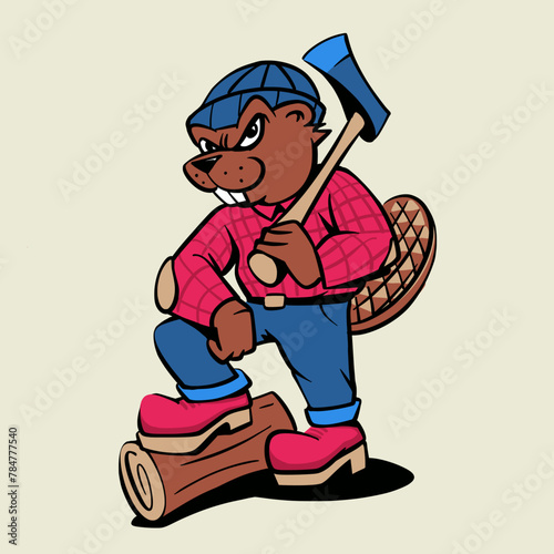 Beaver woodchuck lumberjack wood and axe cartoon character mascot vector


