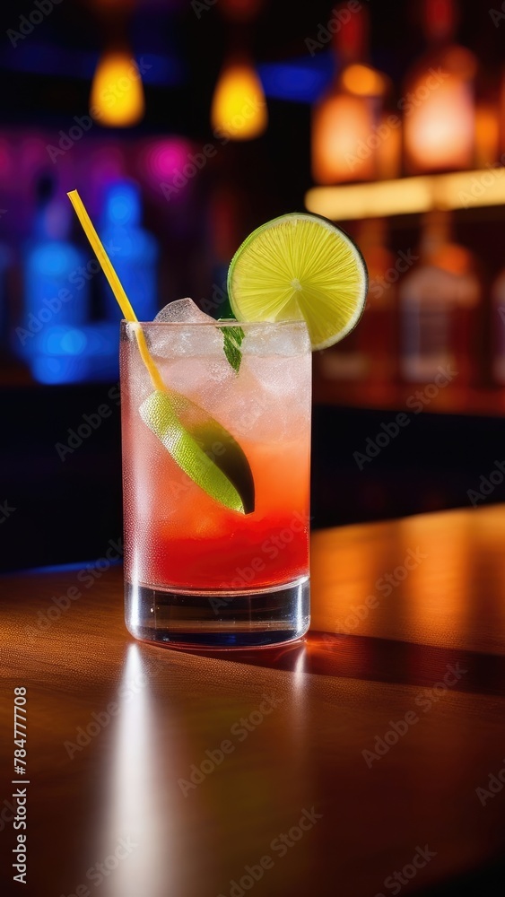rum cocktail with lime in a glass on a bar counter in a nightclub. concept of relaxation, vibe rum cocktail with lime in a glass on a bar counter in a nightclub. concept of relaxation, vibe