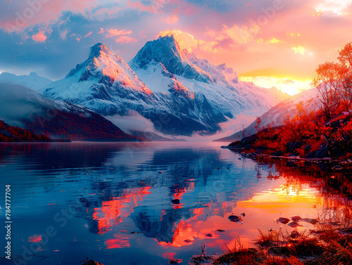 Mountain range is reflected in the still water of lake at sunset.