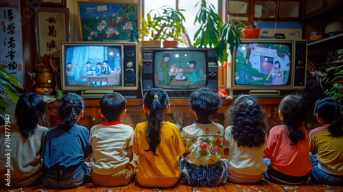 Group of children sitting in front of tv watching cartoons on television. photo