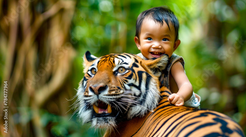 Young boy is riding on the back of tiger's head.