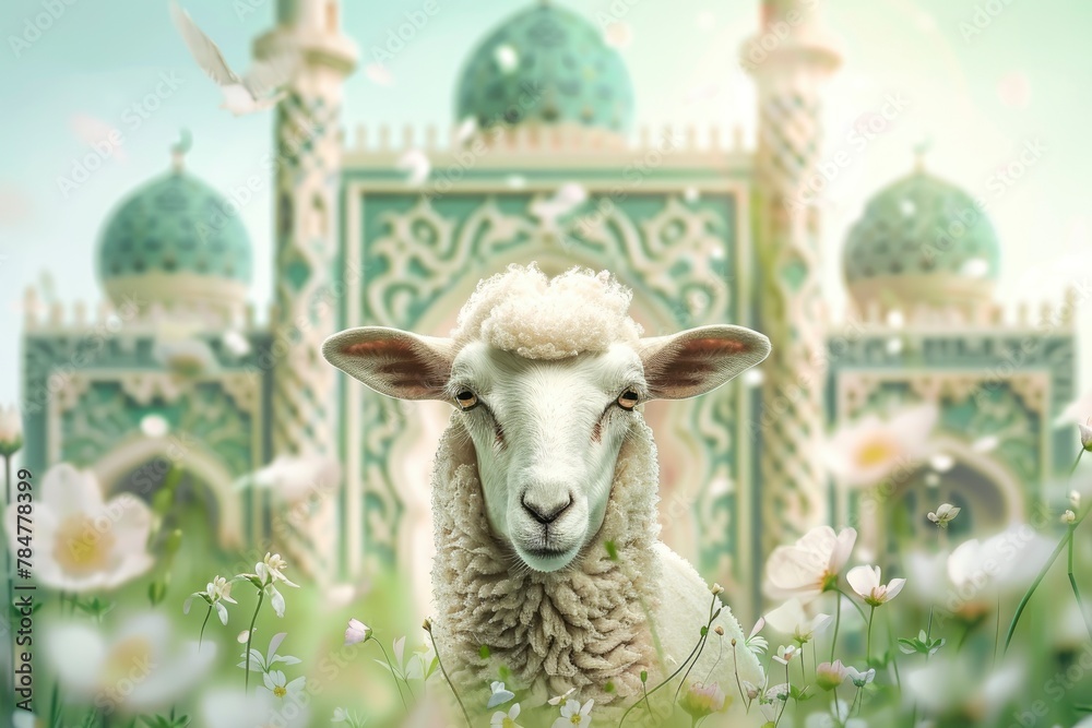 Obraz premium Realistic Islamic Eid Al Adha Mubarak Background with Animal For sacrifice and copy space - generative ai