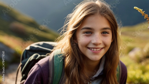 Happy teenager girl spending time outdoor, hiking and exploring nature