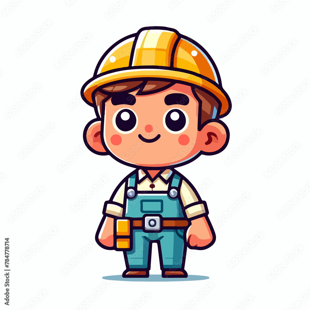 Cartoon Construction Worker Kid, Smiling with Yellow Helmet