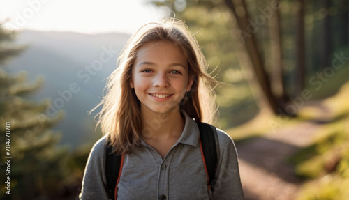 Happy teenager girl spending time outdoor, hiking and exploring nature photo