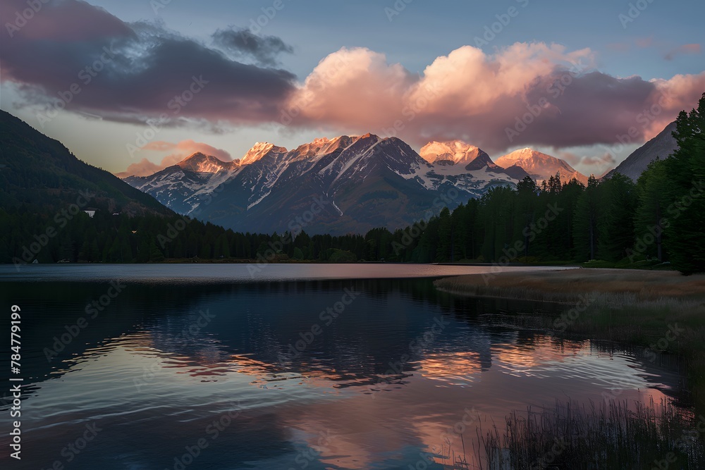 Beautiful shot of sunset mountns by a lake with amazing clouds
