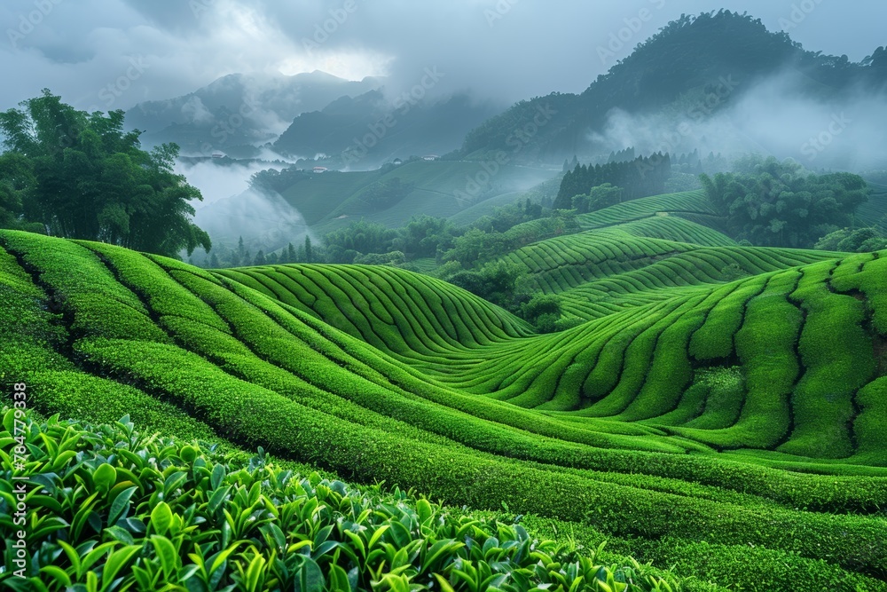 Scenic beauty: Fog-covered hillside adorned with vibrant green tea plantation Scenic beauty: Fog-covered hillside adorned with vibrant green tea plantation