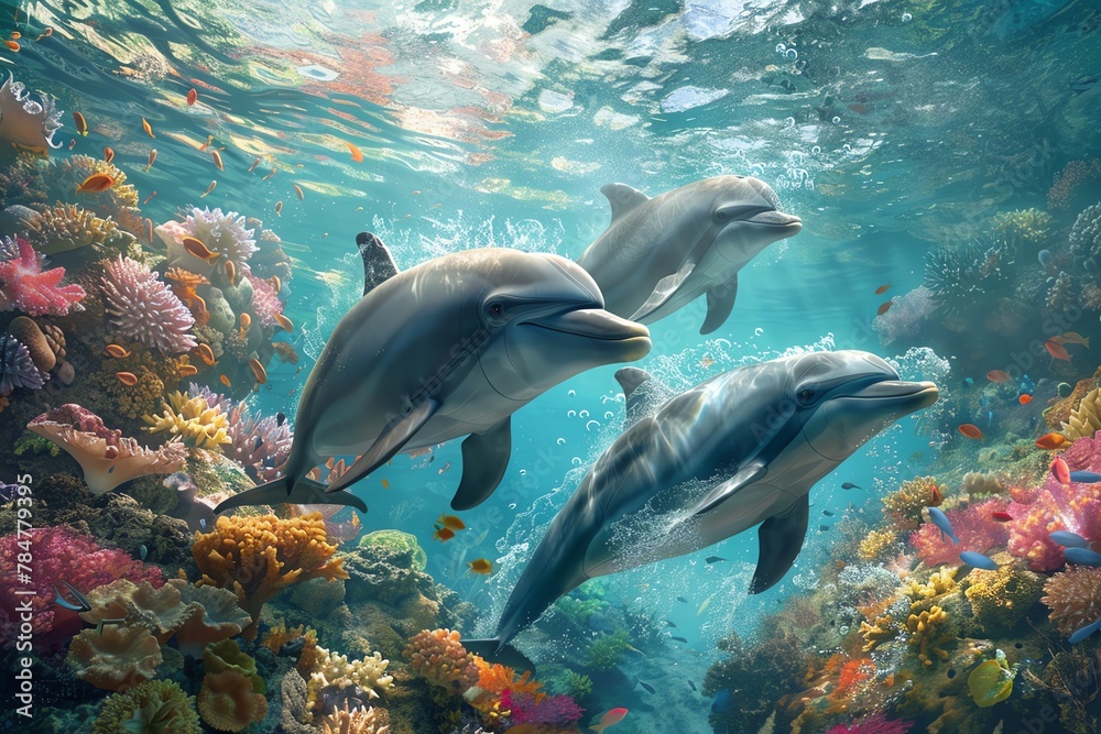 Illustrate a family of dolphins gracefully swimming in crystal-clear waters of a vibrant coral reef in a Digital Photorealistic rendering, highlighting their harmonious interaction with the environmen