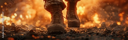 A closeup of the feet and boots of an army soldier walking in war, with explosions and fire around him. AI generated illustration photo