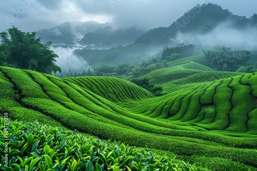 Scenic beauty: Fog-covered hillside adorned with vibrant green tea plantation © Oleksandr