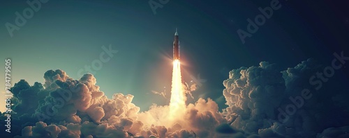 A rocket is launching into the sky emitting smoke into the atmosphere. AI generated illustration © Fatima