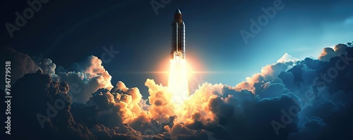 A rocket is launching into the sky emitting smoke into the atmosphere. AI generated illustration