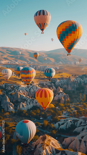studio shot of A convoy of colorful hot air balloons floating above the landscape, realistic travel photography, copy space for writing