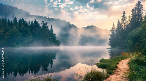 Mglista poranna scena jeziora Lacu Rosu. Mgłowy lato wschód słońca w Harghita okręgu administracyjnym, Rumunia, Europa. Piękno natury pojęcia tło.