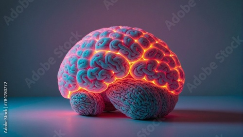 Glowing knitted plush toy in the shape of a human brain of soft shade of pink including the cerebral cortex with undulating gyri and sulci photo