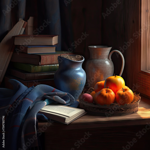 Still life details of home interior on a wooden table with clay jars, apples, books, near window, the concept of coziness and home atmosphere .Living room, autumn relax
