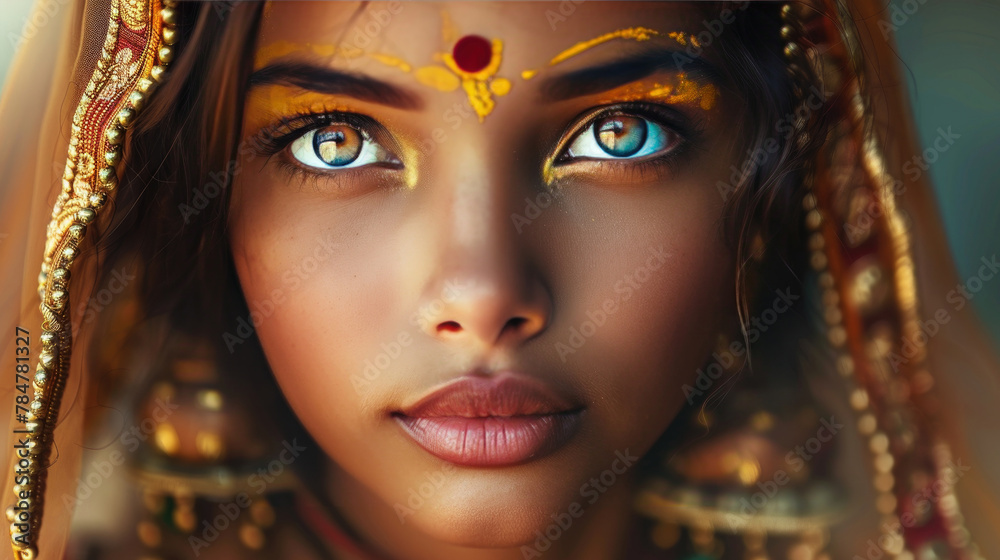 Portrait of a beautiful Indian woman in a sari with a covered head with clear bright eyes with a henna pattern on her forehead Portrait of a beautiful Indian woman in a sari with a covered head with clear bright eyes with a henna pattern on her forehead