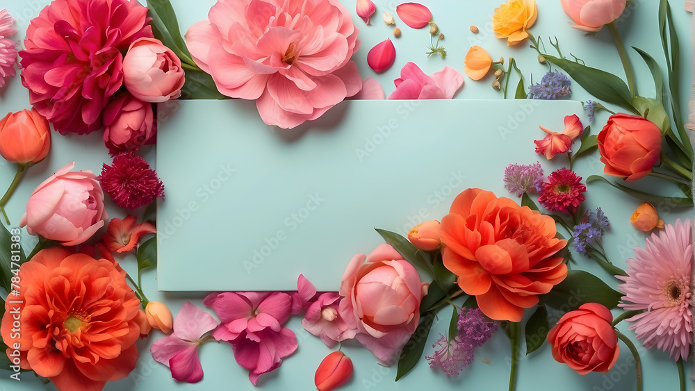 A vibrant overhead composition of assorted spring blooms in pinks and oranges, featuring tulips and peonies for seasonal spring design and decoration concepts A vibrant overhead composition of assorted spring blooms in pinks and oranges, featuring tulips and peonies for seasonal spring design and decoration concepts
