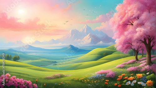 Ethereal spring landscape with a pink blooming tree against a backdrop of rolling green hills and distant mountains