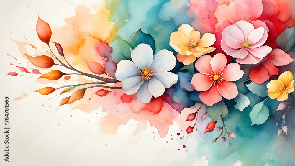 A vibrant display of watercolor flowers blending seamlessly against a white backdrop, evoking the freshness and new beginnings associated with spring A vibrant display of watercolor flowers blending seamlessly against a white backdrop, evoking the freshness and new beginnings associated with spring