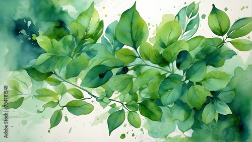 This watercolor artwork showcases green spring leaves with splashes of paint adding a fresh look to signify renewal photo