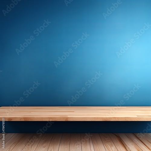 Blue background with a wooden table, product display template. blue background with a wood floor. Blue and white photo of an empty room for presentation 