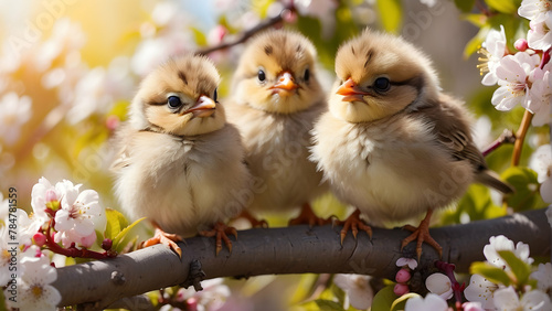 Two adorable baby birds perch on a branch surrounded by the blossoming beauty of spring with blurred blossoms © Heruvim