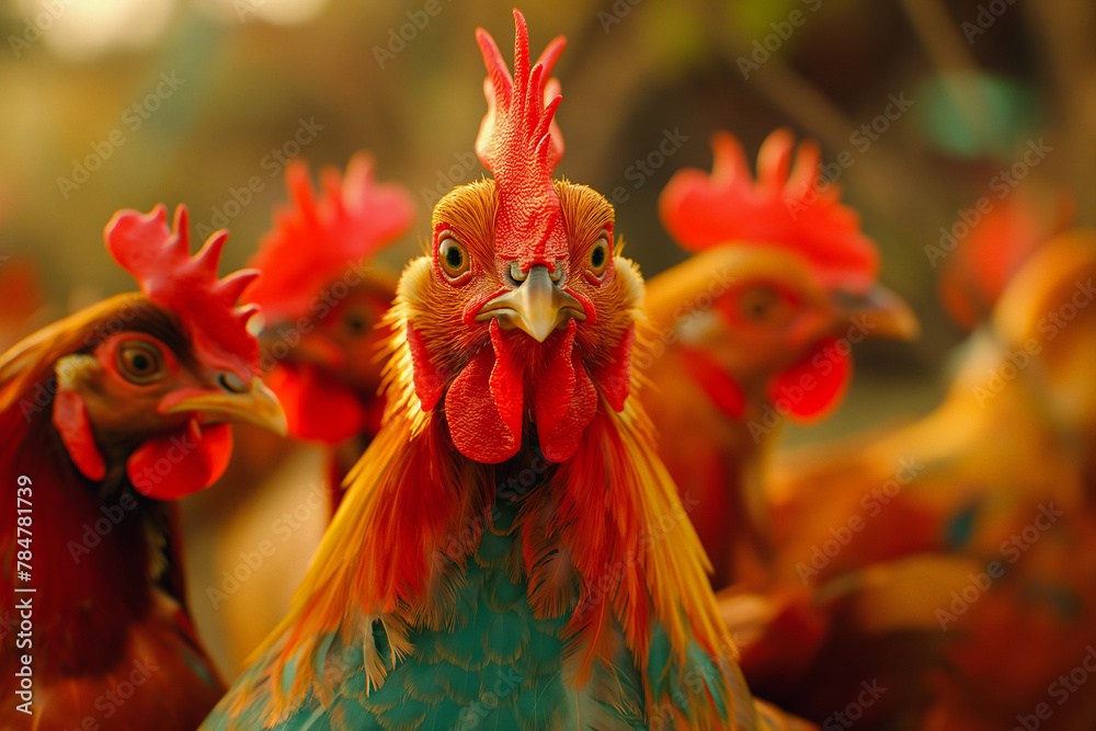 Fototapeta premium Vibrant colorful rooster and hens on a close-up farm portrait. Perfect piece for various uses including art, education, and commercial purposes.