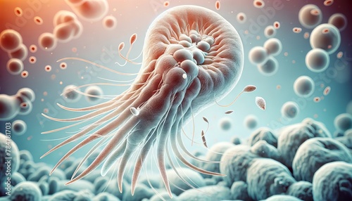 Illustration of a Giardia lamblia, a microscopic parasite with flagella. Digital art of protozoan causing giardiasis. Concept of microbiology, parasitic diseases, scientific visualization. photo