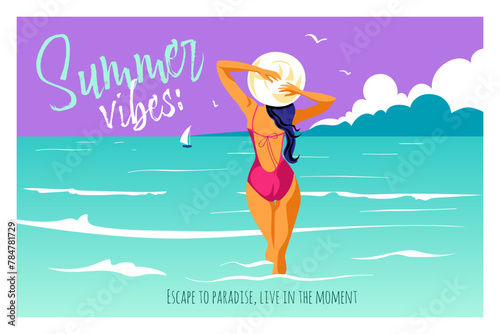 Summer vibes and Travel concept design. Typography Letter and young woman in sun hat enjoying sea