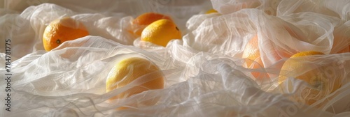 Sunlit gossamer enfolds lemons in a warm, delicate embrace, perfect for vibrant food photography or uplifting design elements.
