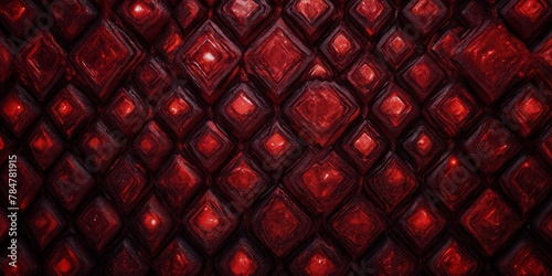 Ein Muster aus rot beleuchteten, diamantförmigen Elementen, die eng zusammen angeordnet sind und aufgrund des Spiels von Licht und Schatten eine faszinierende visuelle Textur erzeugen photo