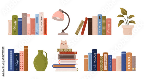 isolated stack and piles of various books. World book day. Vector set of educational books, plants, statue of a cat, lamp. Grainy illustrations on white background for book festival, store, book fair.