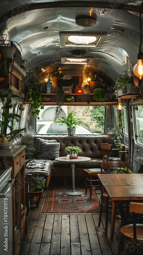 studio shot of A cozy cafe nestled inside a vintage airstream trailer, realistic travel photography, copy space for writing photo