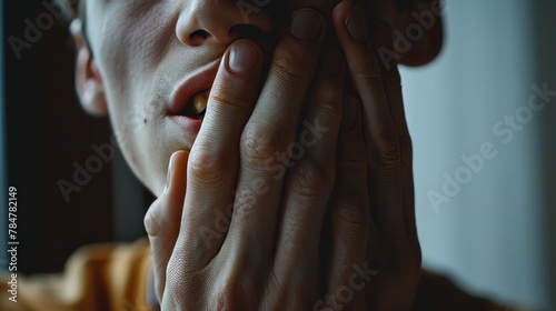 A man is holding his hands over his face. Concept of discomfort or distress