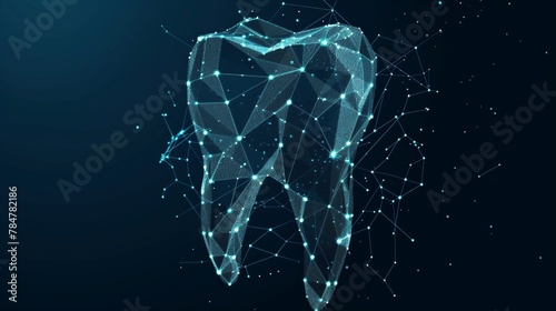 A tooth is shown in a blue background with a lot of stars. The tooth is made of a wire mesh and he is a 3D model. Concept of technology and modernity