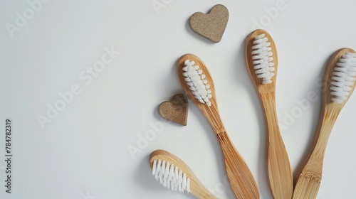 A row of wooden toothbrushes with a heart shaped object in the middle. The toothbrushes are arranged in a way that they look like they are leaning on each other