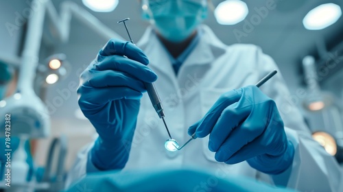 A dentist is holding a dental instrument in his hand. Concept of professionalism and expertise, as the dentist is wearing a white lab coat and gloves