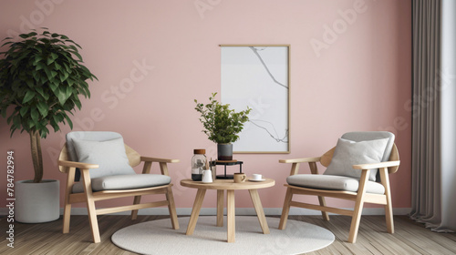 Discover tranquility in a Nordic-inspired setting with two chrs  a central table  and an empty canvas agnst a backdrop of pure pink  white  or yellow  inviting you to unwind and relax.