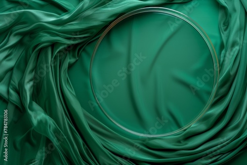 Round transparent glass platform podium on green wave silk satin fabric background. Blank green cylinder form mock up background for beauty cosmetic product presentation. Top view, copy space