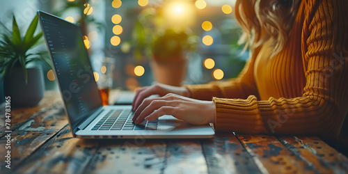 Business woman hands typing on laptop computer keyboard, surfing the internet at the office with copy space for web banner photo