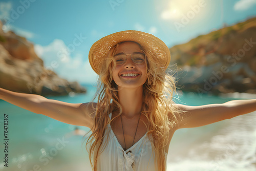 Happy woman with arms outstretched enjoying freedom at the beach - Joyful female having fun walking outside - Healthy lifestyle, happiness and mental health concept © Gonzalo