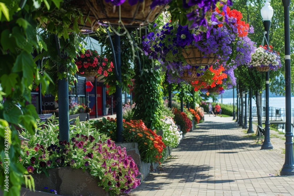 Fototapeta premium Nature's Palette on Display: A Waterfront Promenade Lined with Exquisite Petunias and Geraniums in Full Bloom
