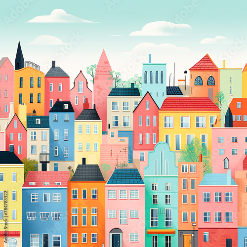 Illustration of a city with lots of simple colorful houses, simplistic style photo