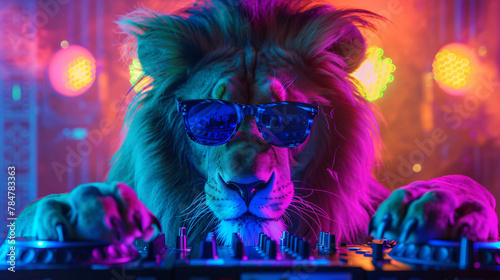 Cool young DJ lion in sunglasses in colorful neon © Muzamil