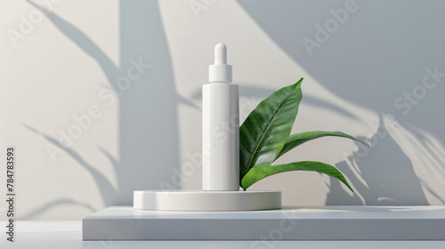 Cosmetic bottle podium and green leaf on gray coll photo