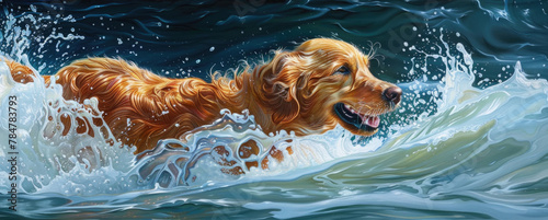 A painting depicting a dog swimming in a body of water © sommersby