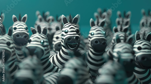 A herd of zebras standing closely together, with their iconic black and white stripes visible. Zebras appear social and united in their group