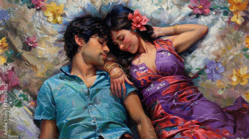 A painting depicting a man and a woman laying down on a bed of colorful flowers, surrounded by a vibrant floral arrangement © sommersby