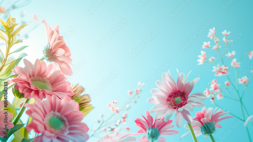 Floral background with soft pastel colors. Flower illustration with leafs on blue background. greeting card.